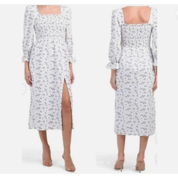 House of Harlow 1960 Linen Smocked Bodice Floral Midi Dress NWOT - Picture 1 of 6